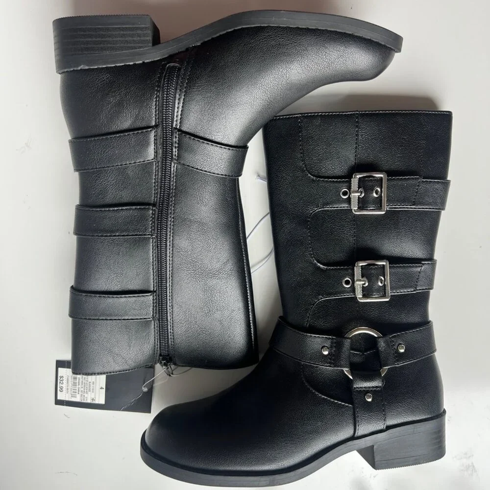 Art Class Black Mid-Calf Boots With Triple Buckle Details & Side Zipper Girls 4